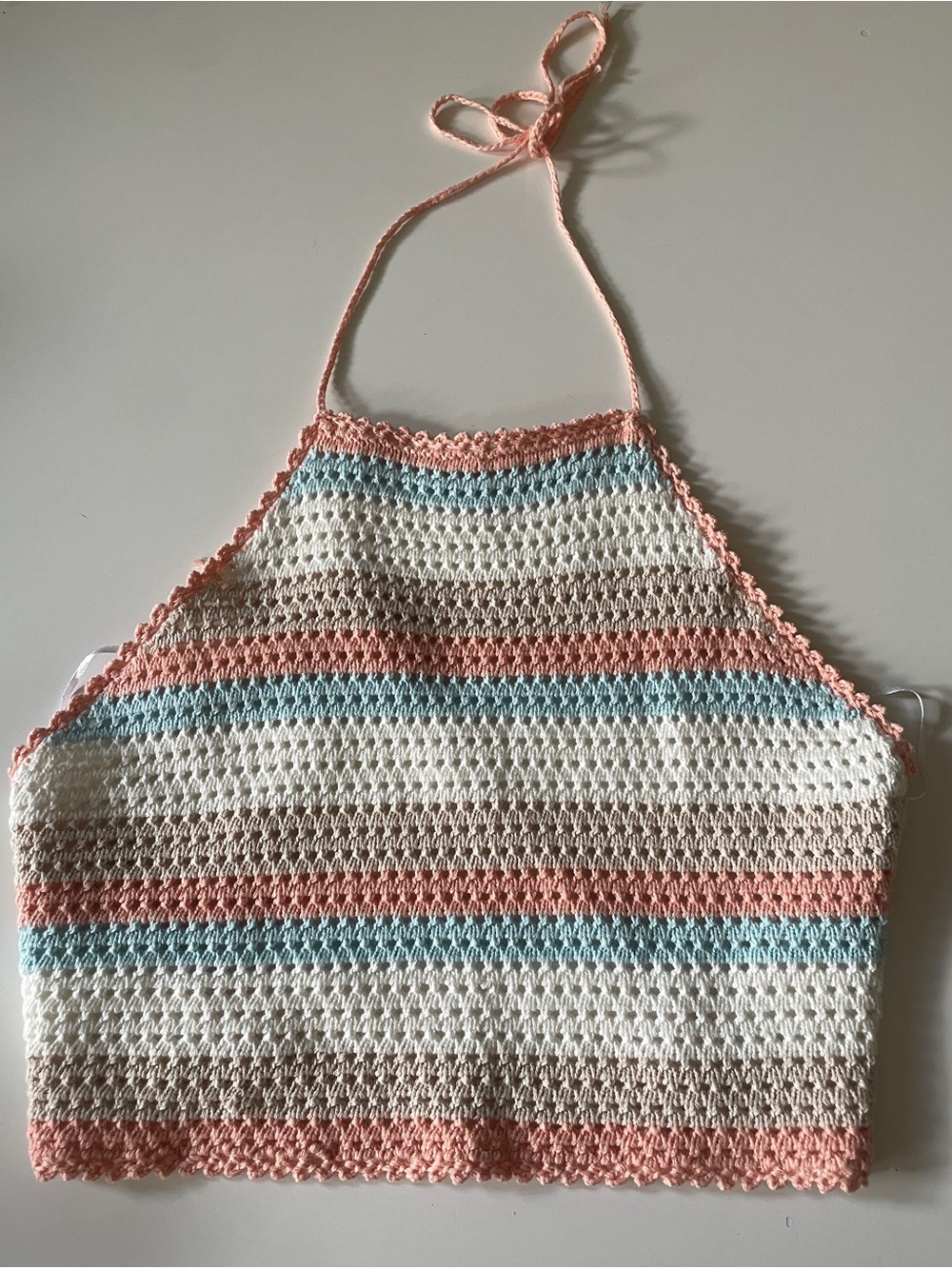 Handmade Crochet Halter Top in Cream, Peach & Light Blue